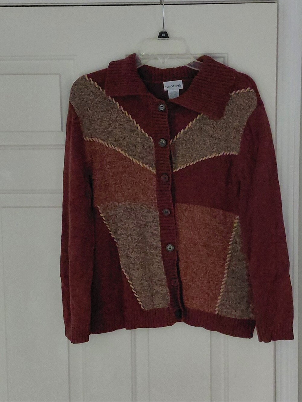 BonWorth Vintage Button Collar Petite Patchwork Rust Cardigan Sweater Sz Medium
